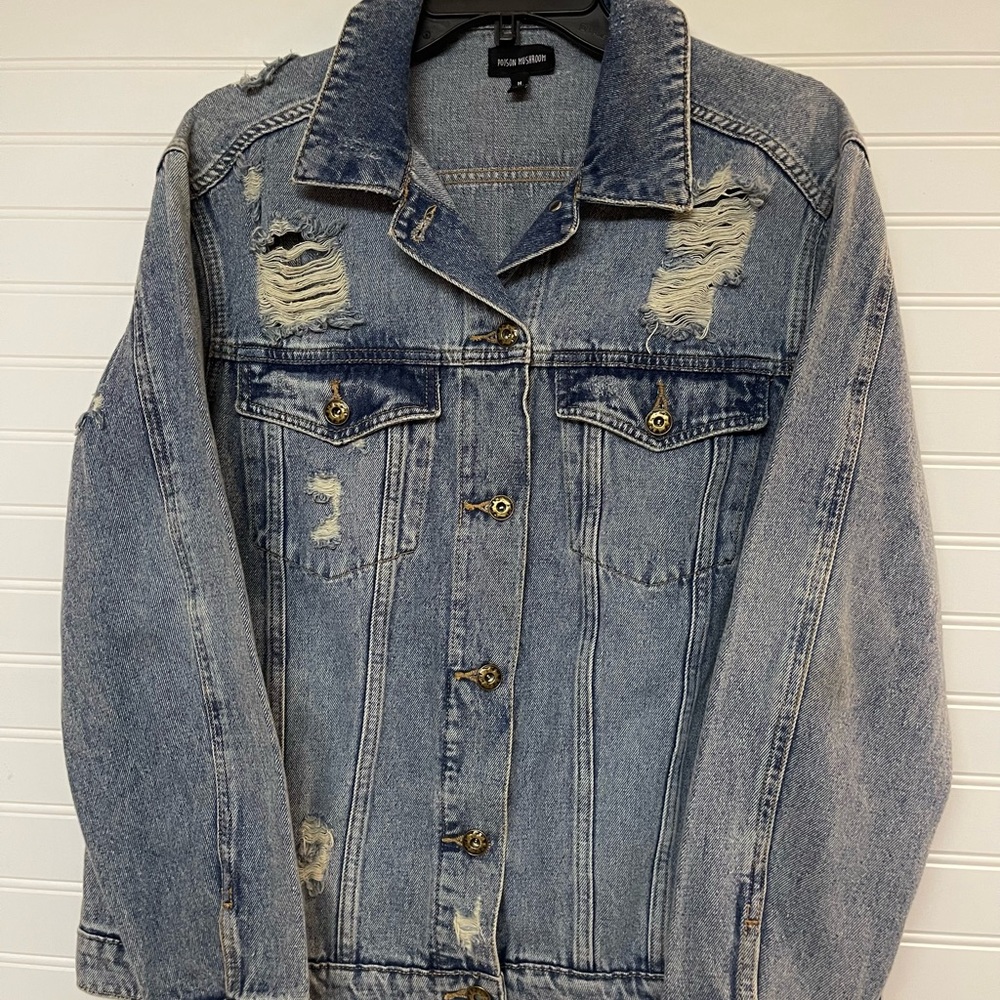 Poison Mushroom Streetwear Acid Wash Denim Biker 80/90s Jacket Sz Med EUC